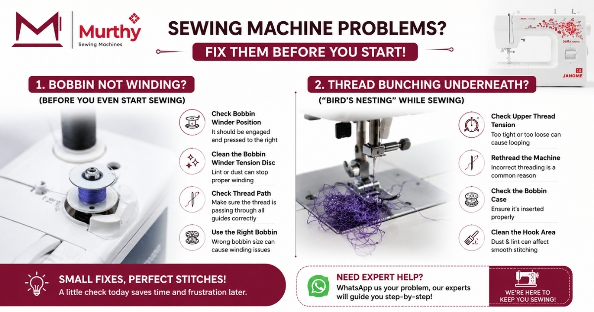 Bobbin Not Winding or Thread Bunching Underneath – Causes & Fixes- Murthy Sewing Machines