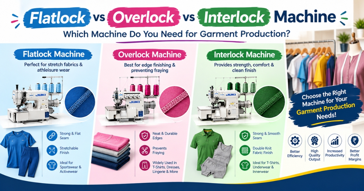 Flatlock vs Overlock vs Interlock Machine Which Machine Do You Need for Garment Production - Murthy Sewing Machines Featured Image